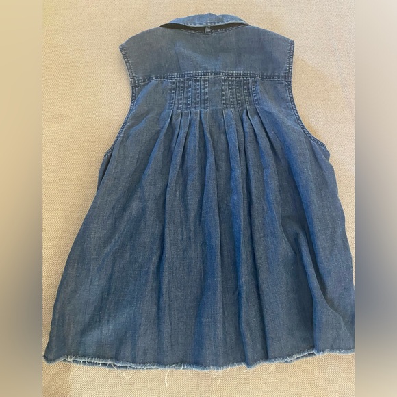 Frame Sleeveless Button Front Pintuck Tie-Neck Chambray Denim Shirt vest Blue XS - Picture 3 of 7